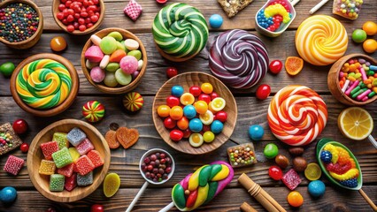Obraz premium Colorful assortment of candies and sweets, including gummies, chocolates, and lollipops, arranged artfully on a vintage wooden table, evoking a sense of nostalgia and delight.