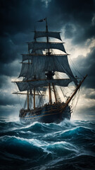 Fototapeta premium Atmospheric composition depicting a large sailing ship navigating through a turbulent sea