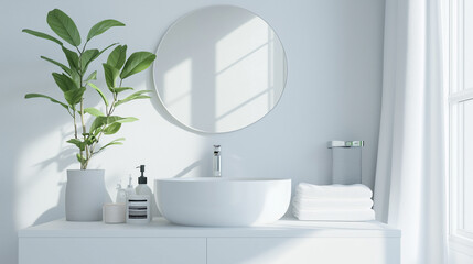 Fototapeta premium Contemporary Bathroom Vanity with Sink, Mirror, and Toiletries in Minimalistic Interior - 3D Rendering