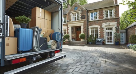 Moving Truck Unloading Belongings In Front Of Large House
