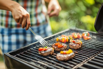 Vibrant and savory image of grilled burgers and vegetables on a barbecue highlighting the rich flavors smoky aroma and communal joy of a festive outdoor cookout