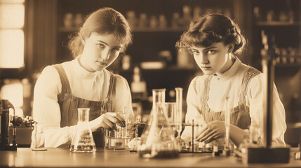 A vintage sepia photograph depicting two young women in a laboratory