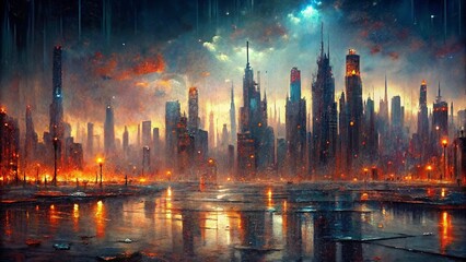 Fototapeta premium A city with skyline reflected by rainstorm
