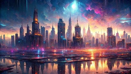 Fototapeta premium A city with skyline reflected by rainstorm