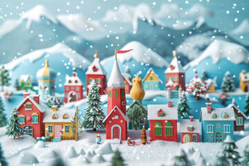 Snowy Christmas village with colorful houses A vibrant Christmas village with colorful houses and snow-capped trees set against a mountainous backdrop.