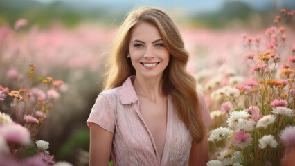Beautiful Woman in a Pink Dress in a Field of Flowers