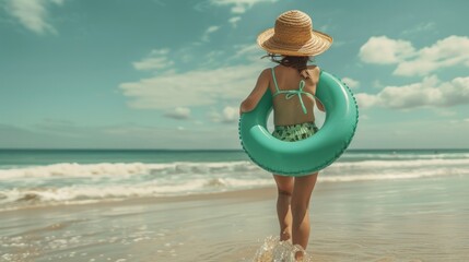 A young girl enjoys a day at the beach, carrying a flotation ring and standing at the water's edge under a clear blue sky