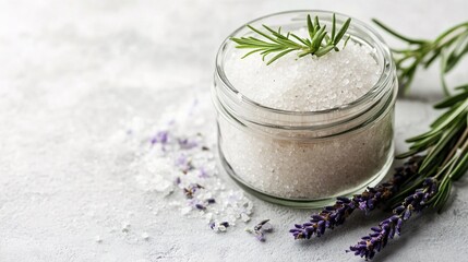 A detailed shot of herb-infused bath salts in a glass jar, with a few sprigs of lavender and rosemary scattered around. The bath salts are shown with a soft, textured appearance, and the background