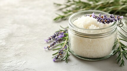 A detailed shot of herb-infused bath salts in a glass jar, with a few sprigs of lavender and rosemary scattered around. The bath salts are shown with a soft, textured appearance, and the background