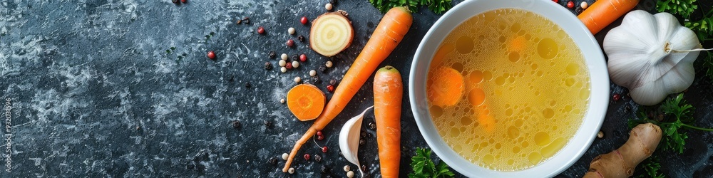 Sticker savory chicken broth with a blend of root vegetables and spices prepared for cooking.