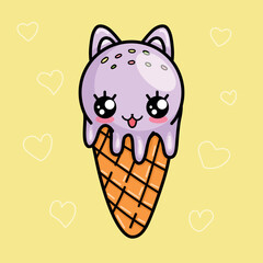 Cute Kawaii ice cream with cat ears and cute face. Cartoon vector illustration