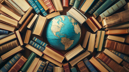 World literacy and geography concept: globe with old books on wooden table, depicting north and south america
