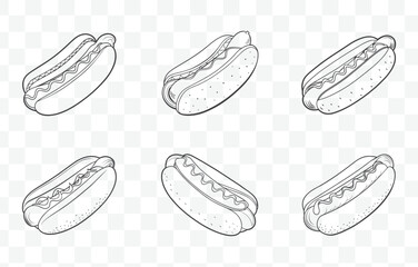 Print Hot Dog Line Art Vector Set with Detailed Illustrations of Classic Fast Food Hotdogs in Various Styles