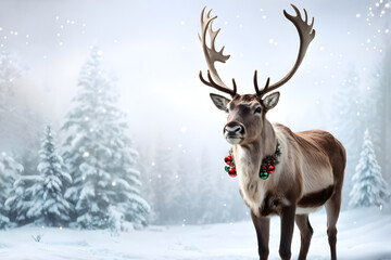 Holiday-themed reindeer in tranquil winter setting with copy space