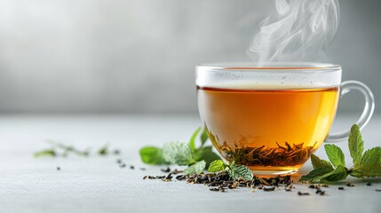 A close-up shot of a teacup filled with steaming herbal tea, surrounded by loose herbal tea leaves and a few fresh herbs like mint and chamomile. The teacup is set on a clean, white surface with a