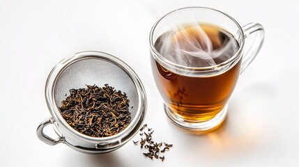 A detailed shot of a tea strainer with loose tea leaves and a cup of freshly brewed tea, set on a clean, white background. The tea leaves are visible in the strainer, and the tea in the cup is