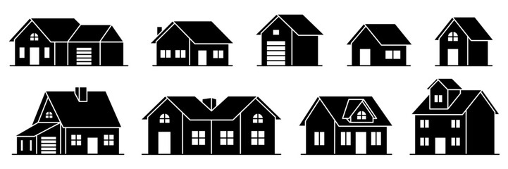 Building icon set in line black flat house, office, bank, school, hotel, shop, university, city, real estate and hospital symbol.