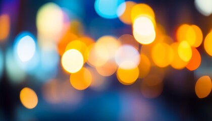 Obraz premium Abstract Bokeh Winter Cityscape: Blurred Urban Lights on Dark Streets for Festive Holiday Marketing. Elegant Minimalist Template with Christmas and New Year Ambiance, Quiet Homecoming Atmosphere, and 