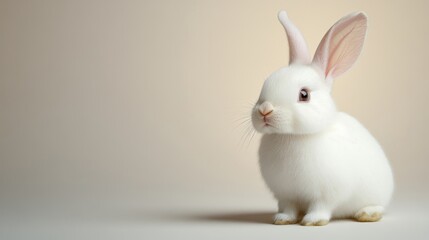 Cute white rabbit sitting gracefully against a soft neutral background, showcasing its lovely features and fluffy fur.