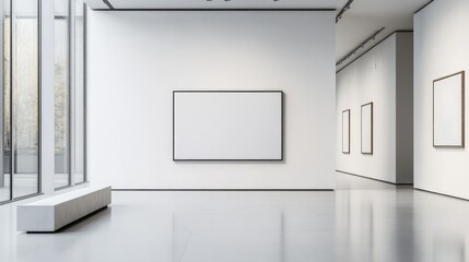 Modern art gallery interior with minimalistic design and blank frames ready for artwork display.