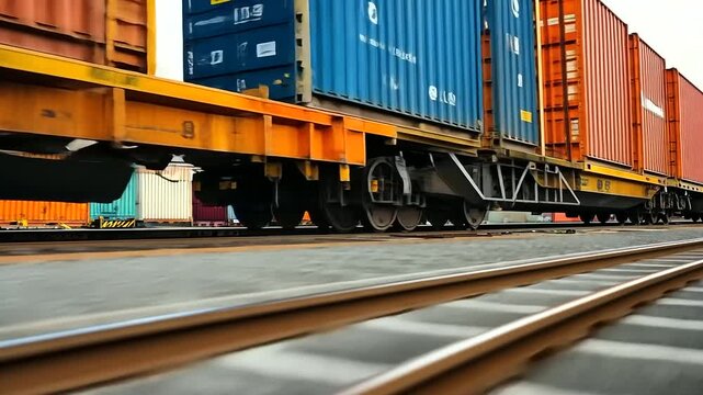 Close-up of a cargo container loaded onto a railcar, revealing the markings and identification tags used for tracking shipments