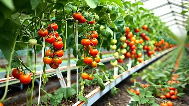 Rows of vibrant tomatoes grow in a hydroponic greenhouse, where plants are nourished with nutrient-rich water instead of soil