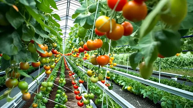 Rows of vibrant tomatoes grow in a hydroponic greenhouse, where plants are nourished