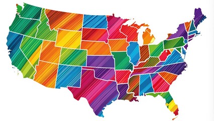 Colorful illustration of the United States map with bold lines and bright colors, featuring all 50 states and their borders in a stylized vector design.