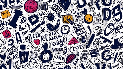 A seamless doodle pattern featuring a mix of letters and numbers in a variety of fonts and sizes, randomly scattered, bright and bold colors, on a soft green background, whimsical and dynamic,