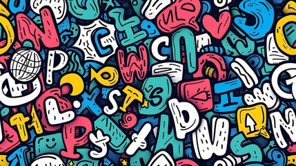 A seamless doodle pattern featuring a mix of letters and numbers in a variety of fonts and sizes, randomly scattered, bright and bold colors, on a soft green background, whimsical and dynamic,
