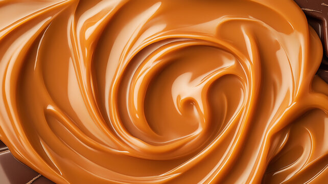 Close-up of melting caramel swirls on dark chocolate, vibrant colors, high-gloss finish, intricate patterns, macro photography