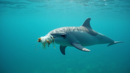 Fototapeta premium Dolphin trapped plastic ocean. Sad marine animal struggles against pollution. Azure water, highlights environmental damage and need for ocean conservation. 