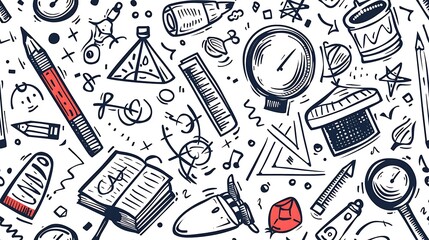 A seamless doodle pattern featuring geometric shapes like triangles, circles, and hexagons, scattered in a precise and organized arrangement with protractors, compasses, and rulers, bright colors,