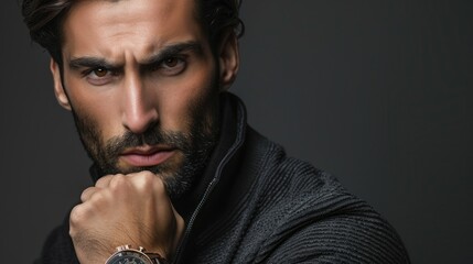 The man confidently gazes into the camera, displaying a strong presence and stylish attire against a neutral backdrop