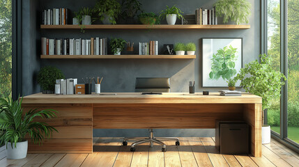 Modern Home Office with Wooden Desk, Greenery, and Sunlit Interior Design
