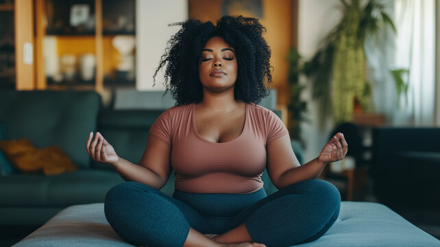 copy space, stockphoto, plus size black woman meditating in a modern living room. Wellness at home. Taking care of mental and physical health. Making me time. Relaxing in living room at home.