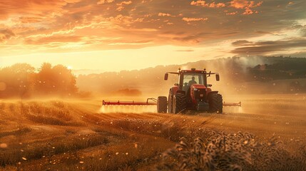 Obraz premium Tractor in the field, pesticides