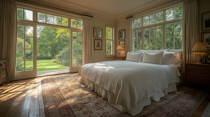 Luxurious Bedroom with French Doors Opening to a Sunlit Garden View