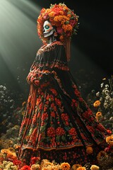 Fototapeta premium A captivating 3D render of a woman in traditional Mexican dress, with colorful skeletal makeup, standing in a spotlight against a pitch-black background