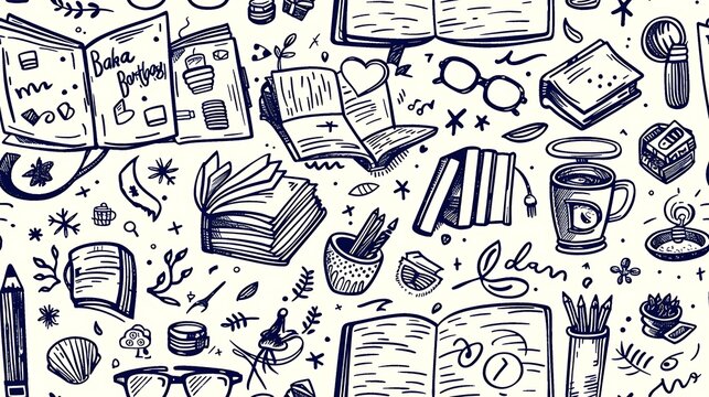 A seamless doodle pattern featuring open books, reading glasses, and bookmarks, all scattered in a cozy and inviting arrangement, warm colors, on a light beige background, detailed and whimsical,