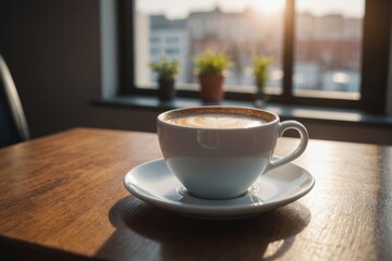 Fototapeta premium Close-up of coffee cup on table at direct sunlight