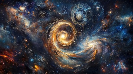 A cosmic swirl of stars and galaxies in the backdrop, overlaid with translucent clock gears, evoking the infinite nature of time and space