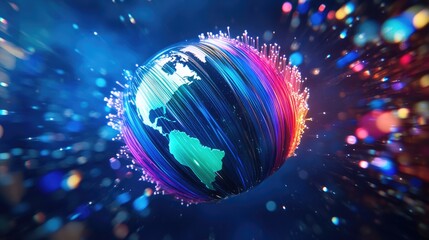 A futuristic earth globe with colorful fiber optic cables wrapped around it, signifying worldwide technology and communication