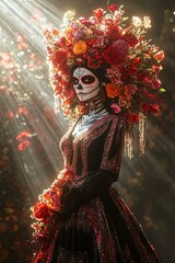 Fototapeta premium A captivating 3D render of a woman in Día de los Muertos attire, with a floral headdress and detailed makeup, standing in a spotlight against a shadowy backdrop