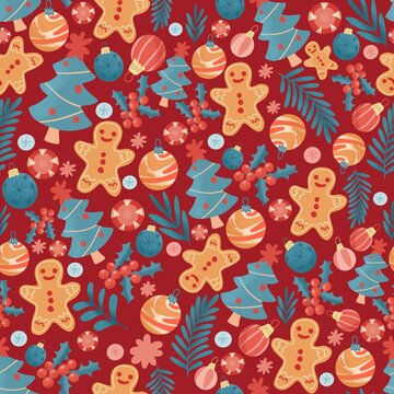 Christmas pattern, seamless, hand drawn, holiday decoration, celebration, happy holidays