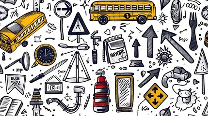 A seamless doodle pattern featuring school bus essentials like yellow buses, bus stops, and road signs, scattered in a dynamic and fun arrangement with traffic lights and directional arrows,