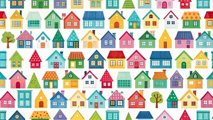 Colorful repeating pattern of stylized house icons on a white background, creating a whimsical and playful design for use in various digital and print applications.