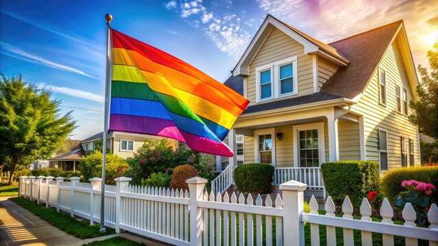 Colorful rainbow flag proudly waving in front of a cozy suburban home with a white picket fence, symbolizing love, pride, and LGBTQ+ family values.