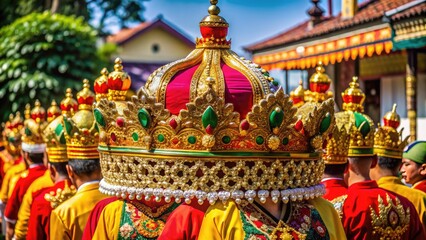 Fototapeta premium Colorful royal regalia on display during traditional procession at historic Sumedang Palace, showcasing ornate king's crown and rich cultural heritage of West Java, Indonesia.