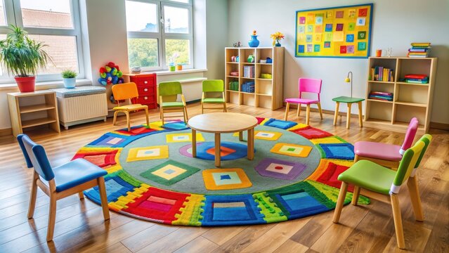 Colorful rug surrounded by tiny chairs, alphabet posters, and toys, as a gathering spot for young learners during engaging circle time activities.